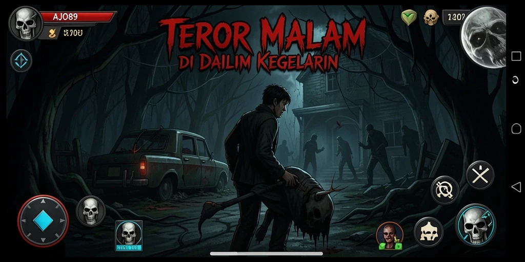 Tangkapan layar gameplay AJO89 menampilkan suasana kegelapan dan ketegangan.