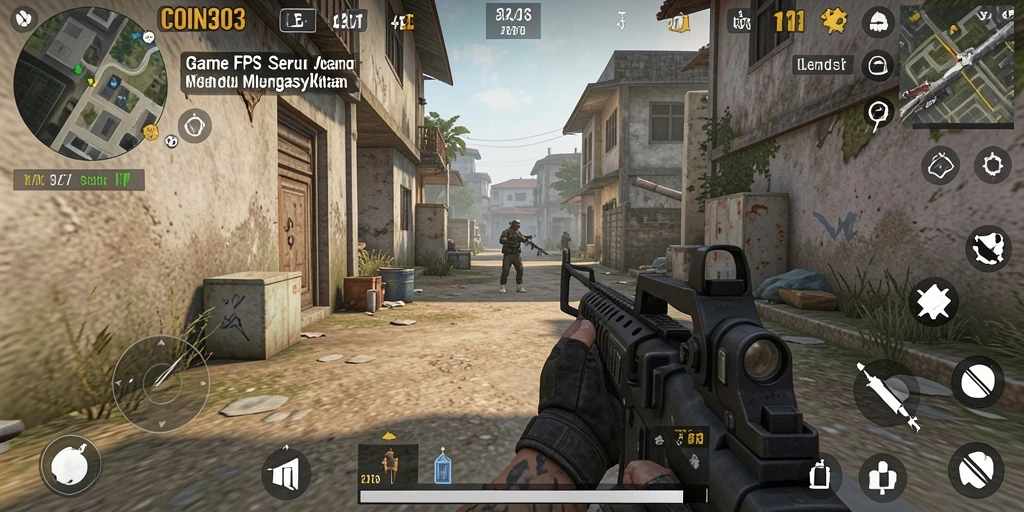 Screenshot COIN303 menunjukkan aksi intens dalam gameplay FPS.