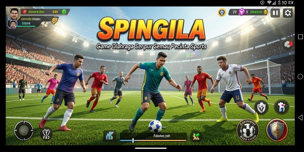 Screenshot utama SPINGILA yang menampilkan aksi olahraga yang mendebarkan.