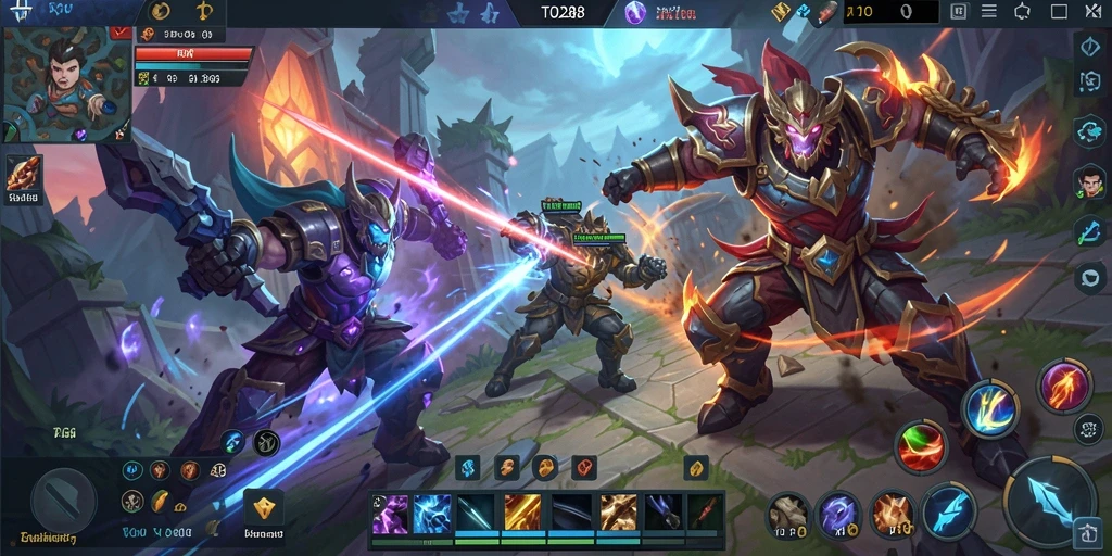 Tampilan layar gameplay seru TO288 dalam pertempuran MOBA intens.