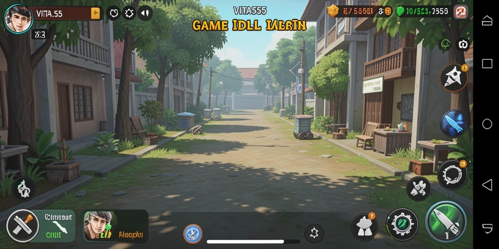 Tampilan gameplay utama <strong>VITA555</strong> menunjukkan karakter melakukan aktivitas Idle dengan sumber daya yang berkembang.
