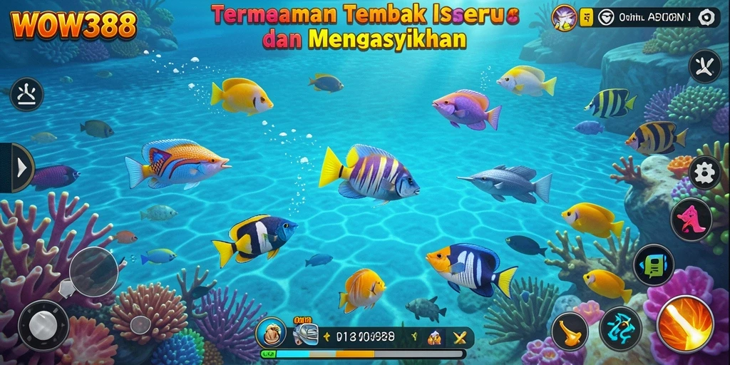Tampilan penuh warna dari gameplay Tembak Ikan WOW388.